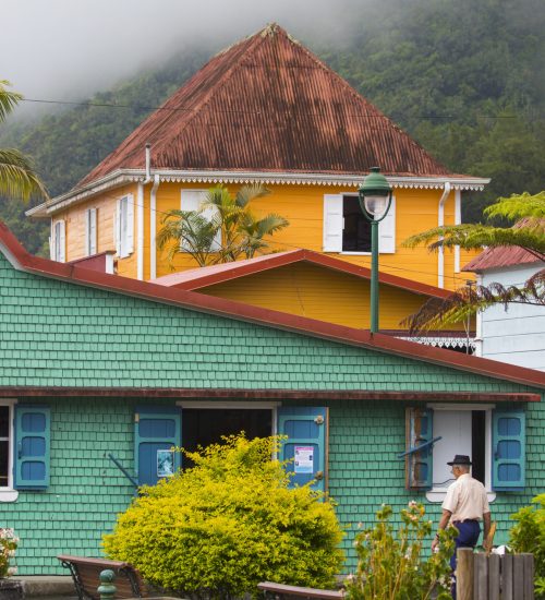 Colorful houses nestled in a lush mountain village with a person enjoying a leisurely walk.